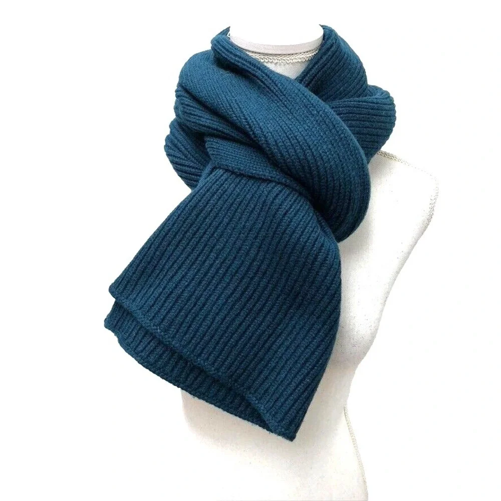 Athleta Shaker Stitch Wool Scarf Womens One Size Deep Blue Ribbed Chunky Cozy